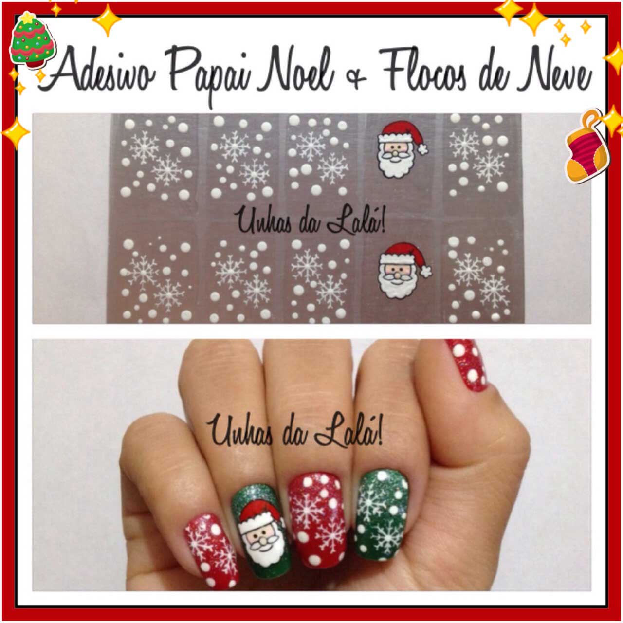 Unhas Decoradas Papai Noel + Flocos de Neve