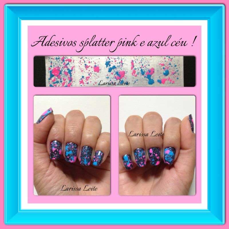 Unhas Decoradas Splatter Pink e Azul Céu