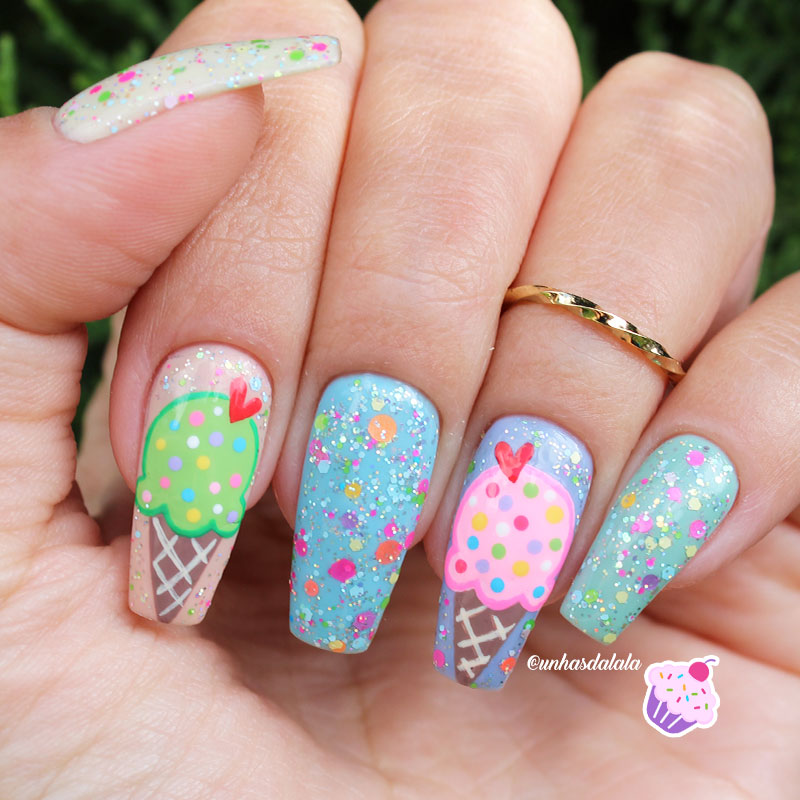 Unhas Decoradas Sorvete com Casquinha + Glitter