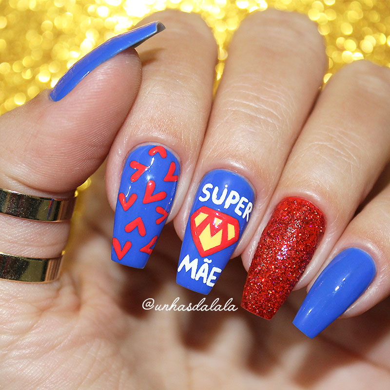 unhas decoradas super mãe, nail art, dia das mães, azul, vermelho, unha azul, unhas vermelha, glitter, mãe, coração