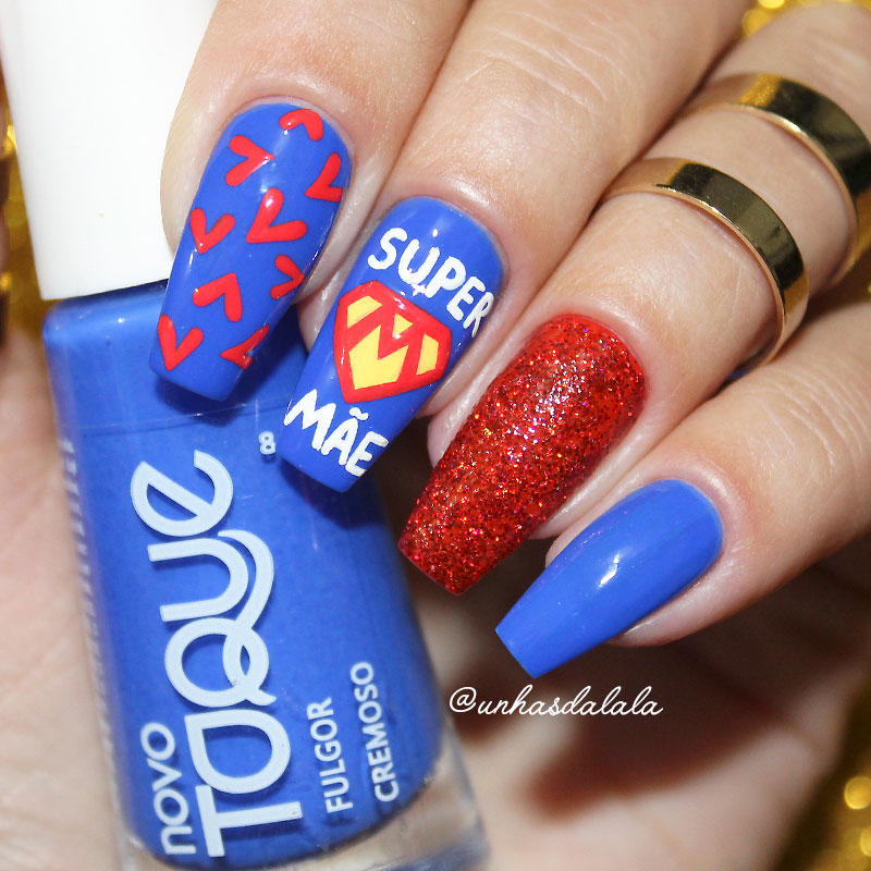 unhas decoradas super mãe, nail art, dia das mães, azul, vermelho, unha azul, unhas vermelha, glitter, mãe, coração