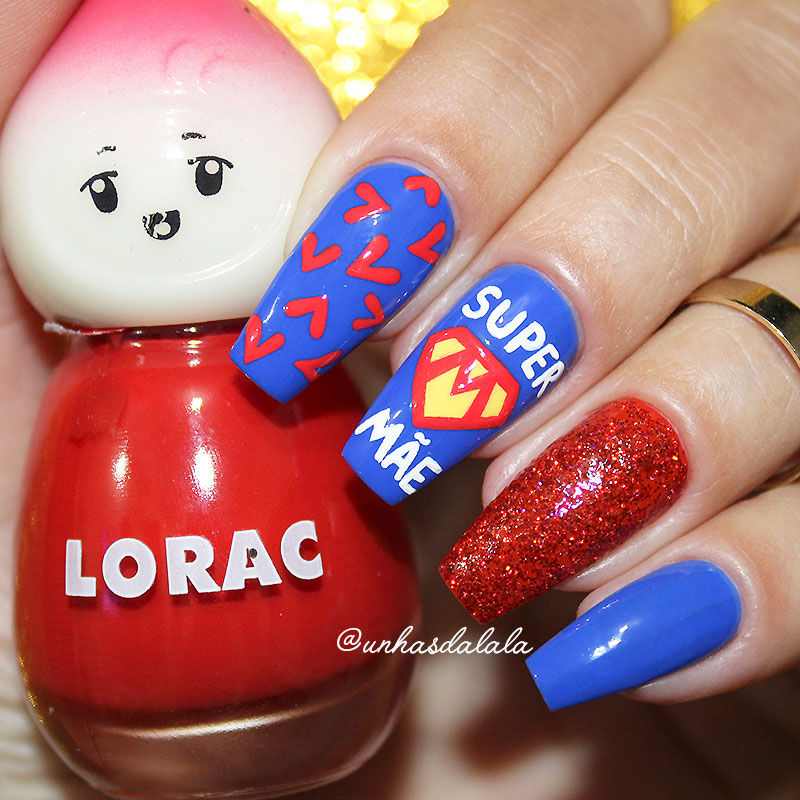 unhas decoradas super mãe, nail art, dia das mães, azul, vermelho, unha azul, unhas vermelha, glitter, mãe, coração