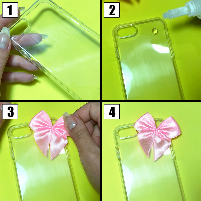 customizando capinha para celular com laço e pedrinhas