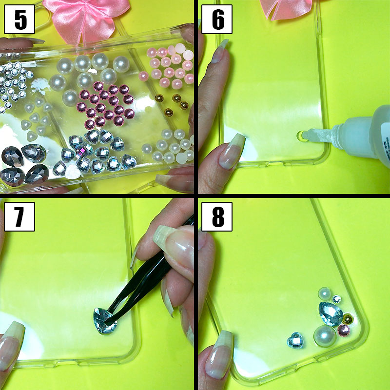 customizando capinha para celular com laço e pedrinhas