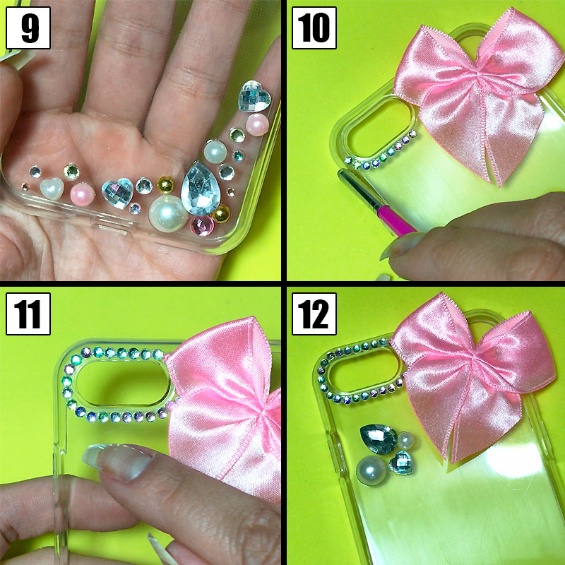 customizando capinha para celular com laço e pedrinhas