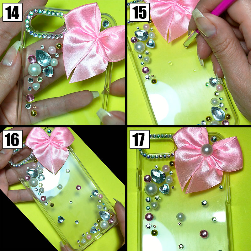 customizando capinha para celular com laço e pedrinhas