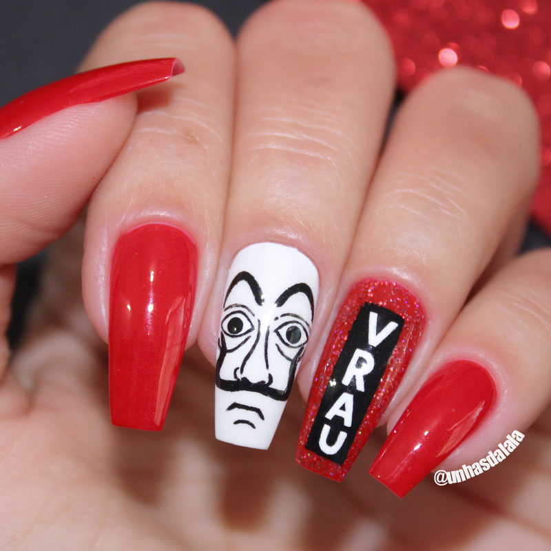 unhas decoradas, só quer vrau, unhas só quer vrau, vrau, la casa de papel, unhas la casa de papel, la casa de papel nails, unhas da lalá, youtube unhas da lalá, larissa leite, nail art, nails, nail, unhas, máscara la casa de papel, esmalte vermelho, vult meu vermelho