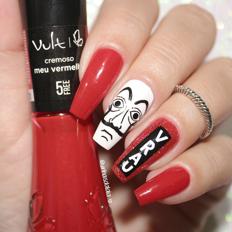 unhas decoradas, só quer vrau, unhas só quer vrau, vrau, la casa de papel, unhas la casa de papel, la casa de papel nails, unhas da lalá, youtube unhas da lalá, larissa leite, nail art, nails, nail, unhas, máscara la casa de papel, esmalte vermelho, vult meu vermelho