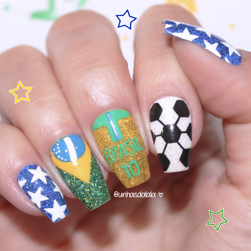 unhas copa do mundo, unhas do brasil, unhas seleção brasileira, unhas decoradas para a copa 2018, copa 2018, copa do mundo 2018, seleção brasileira, brasil, brazil, brazil nail art, brazil nails, unhas bandeira do brasil, glitter, verde e amarelo, verde, azul, amarelo, branco, unhas verdes, unhas azuis, unhas amarelas, unhas brancas, esmalte glitter verde, esmalte glitter dourado, esmalte glitter azul, esmalte glitter branco, unhas da lala, unhas da lalá, larissa leite