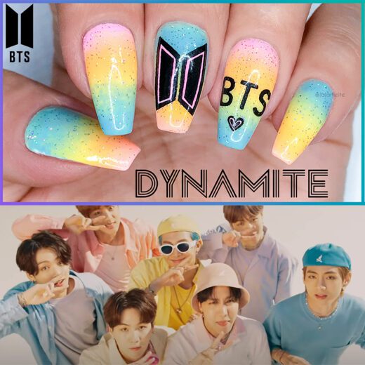 unhas bts, bts, bts dynamite, bts nails, unhas decoradas bts, bts nail art, nail art, nail art bts, kpop, kpop nails, unhas bailarina, coffin nails, dynamite, bts armys, bts army, army bts, armys bts, unhas degrade, ombre nails, candy colors, unhas multicoloridas, multicolor nails, esmaltes tons pasteis, larissa leite unhas, larissa leite