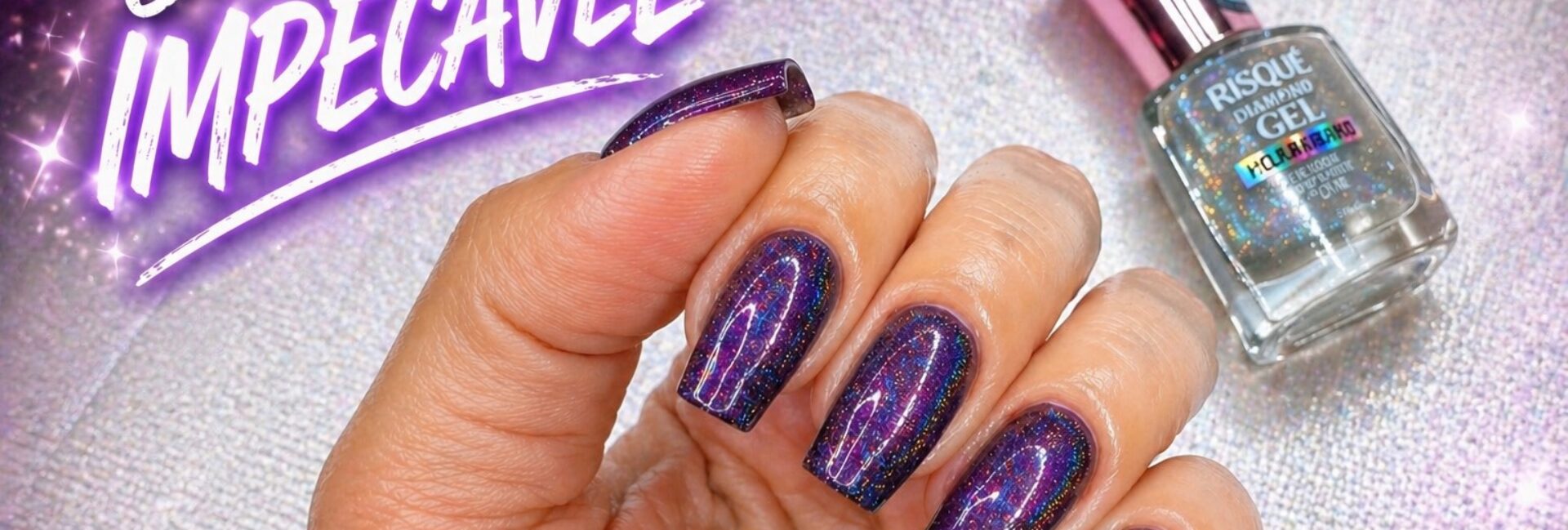 Esmaltação em roxo intenso com Metrópole Noturna e top coat pixelizado