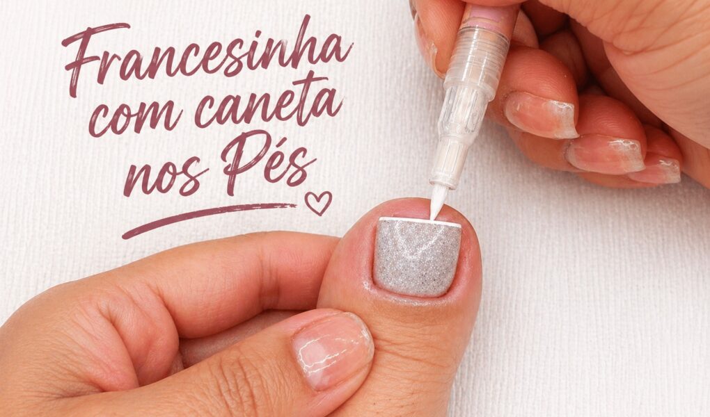 Francesinha com canetinha nas unhas do pé: esmaltação delicada com acabamento perolado e glitter