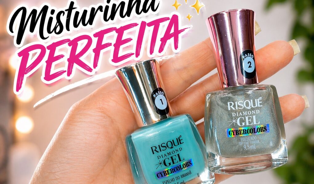 Misturinha com Risqué Cyber Colors: azul claro, toque menta e top coat holográfico