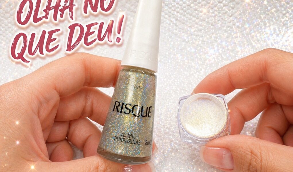 Pó cromado com glitter: a mistura de dourado e holográfico que chama atenção