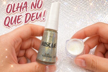Pó cromado com glitter: a mistura de dourado e holográfico que chama atenção