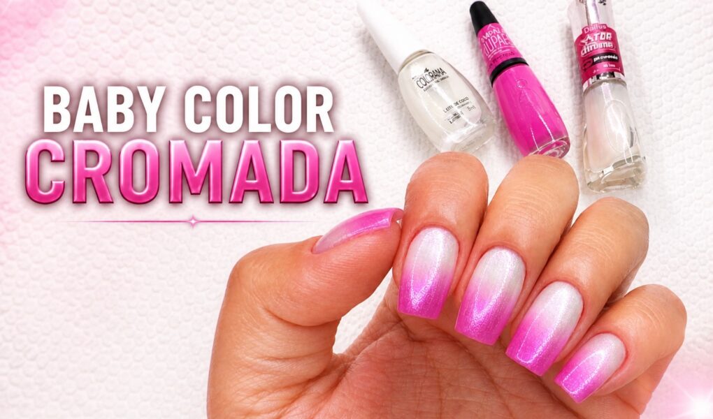 Baby color cromadinha: a combinação de rosa e efeito cromado nas unhas