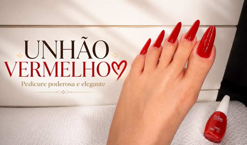 Esmaltação vermelha poderosa nas unhas dos pés com Colorama Gabriele
