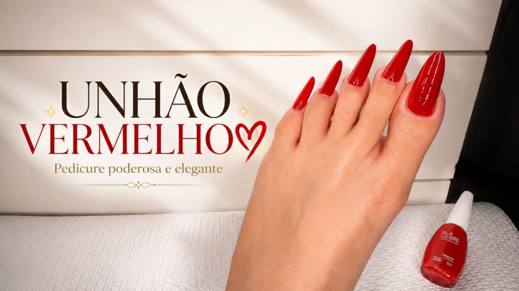 Esmaltação vermelha poderosa nas unhas dos pés com Colorama Gabriele