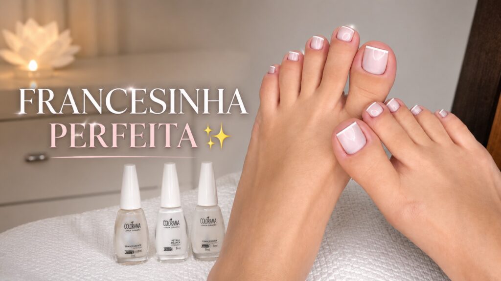 Francesinha tradicional nas unhas dos pés com acabamento delicado