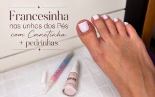 Francesinha na unha do pé com canetinha e esmaltação delicada