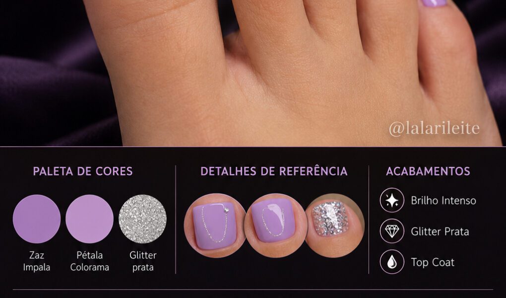 =Pedicure lilás sofisticada com combinação delicada de esmaltes pastel, detalhe minimalista metálico e glitter prata para um visual elegante e moderno.