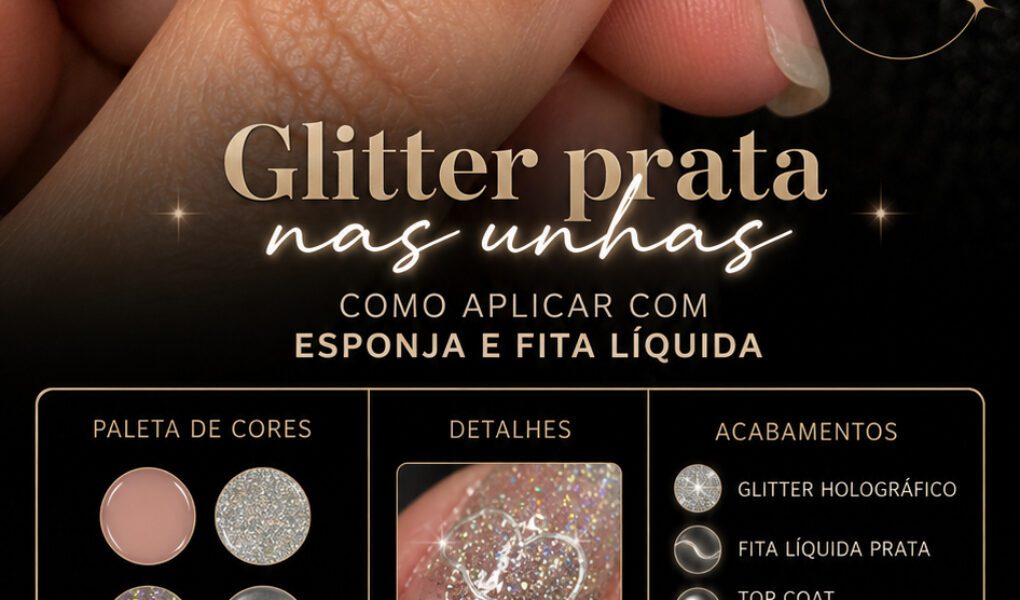 =Tutorial premium de nail art com glitter prata holográfico aplicado com esponja e acabamento delicado com fita líquida em formato de coração.