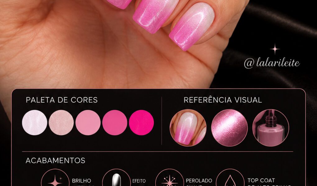 =Nail art delicada com degradê rosa cromado e brilho perolado suave, criando um efeito elegante, feminino e moderno.