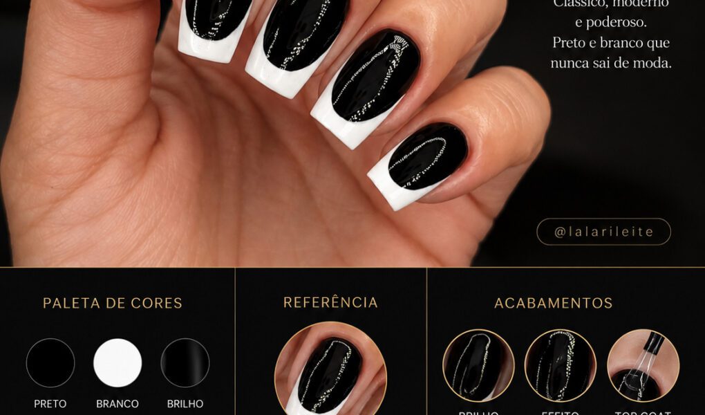 =Nail art sofisticada em preto e branco com acabamento ultra brilhante e visual elegante inspirado em estética luxury clean.