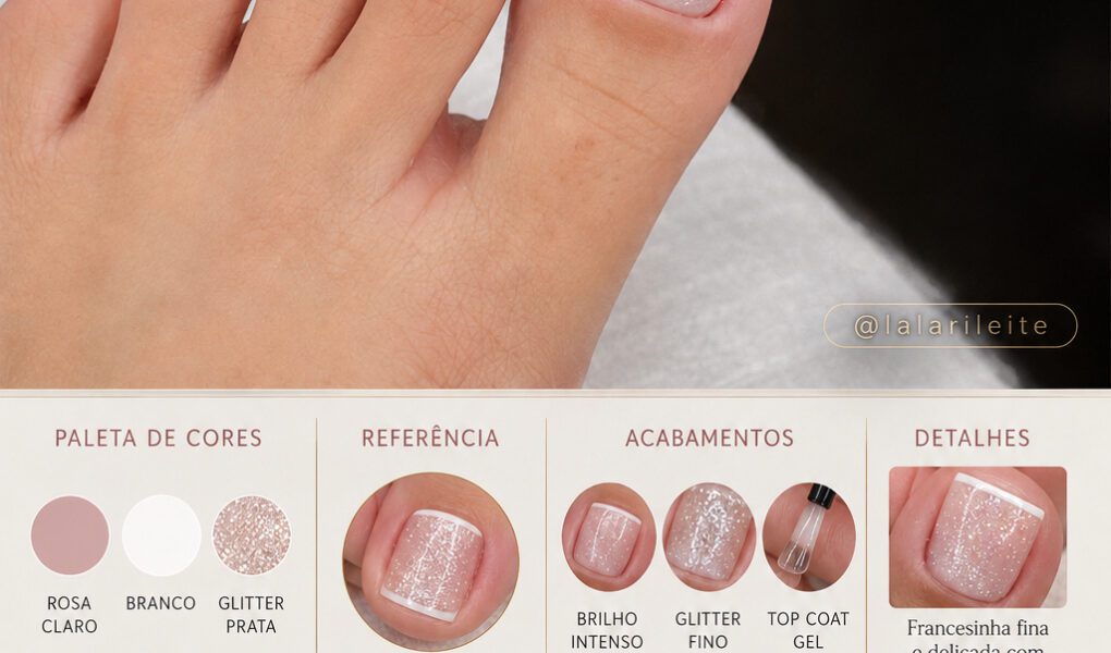 =Pedicure delicada com francesinha branca fina e glitter holográfico suave, trazendo um visual elegante, feminino e sofisticado.