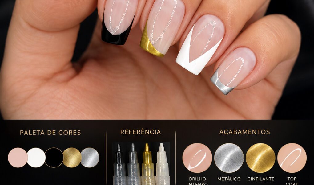 =Tutorial premium de francesinhas modernas feitas com canetinhas nail art, combinando acabamento glossy, traços precisos e estética sofisticada minimalista.
