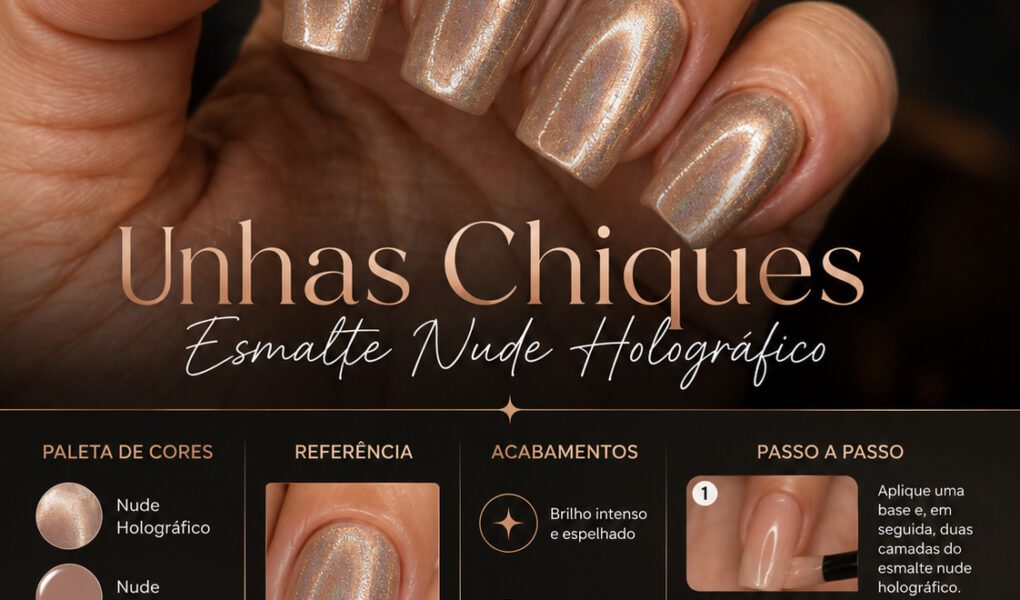 =Esmaltação nude holográfica com acabamento sofisticado, brilho espelhado e efeito elegante minimalista para um visual clean girl premium.
