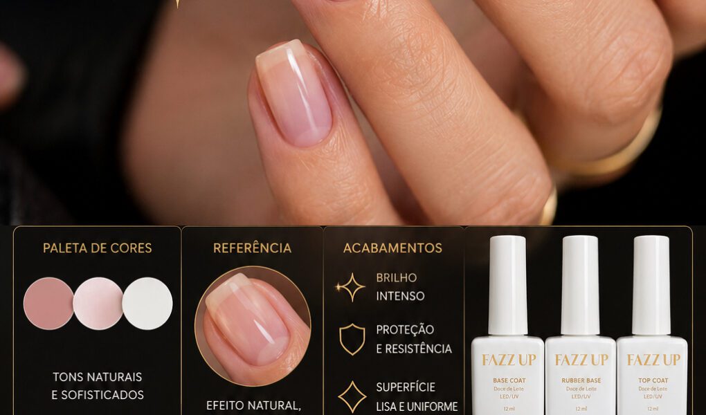 =Tutorial premium de blindagem de unhas com acabamento natural, brilho intenso e efeito saudável utilizando base coat, rubber base e top coat.