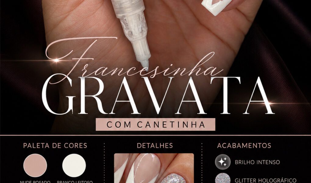 =Nail art elegante com francesinha geométrica em formato gravata, acabamento ultra brilhoso e detalhe holográfico prateado para um visual sofisticado e moderno.