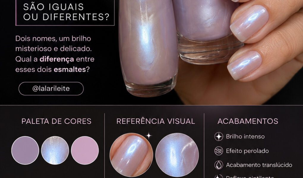 =Comparação premium entre os esmaltes Impala Polar Perolado e Anita Recordações, destacando brilho perolado translúcido, reflexo azulado e acabamento sofisticado clean girl.