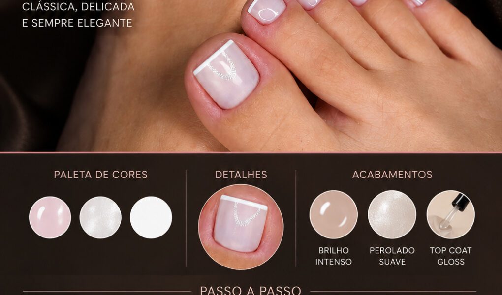 =Pedicure clean e sofisticada com francesinha branca delicada, acabamento glossy e visual elegante minimalista.
