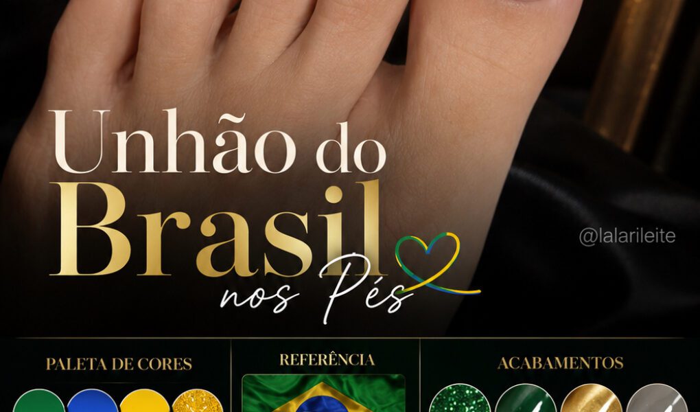 =Pedicure temática inspirada nas cores do Brasil com acabamento premium em glitter intenso, brilho espelhado e detalhe artístico da bandeira no dedão.
