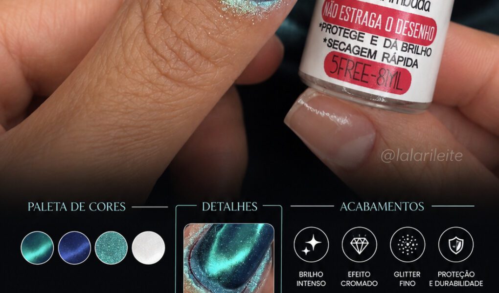 =Nail art cromada em tons azul petróleo e verde metálico com brilho intenso e acabamento espelhado, finalizada sem uso de gel para efeito sofisticado e moderno.