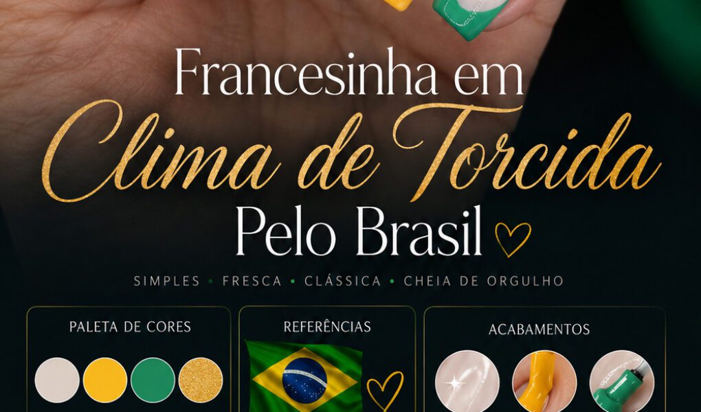 =Nail art com francesinha temática inspirada nas cores do Brasil, combinando verde vibrante e amarelo intenso em acabamento cremoso brilhante com visual moderno e elegante.