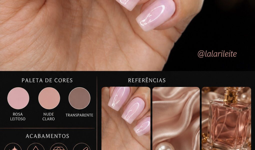 =Nail art sofisticada com esmaltação rosa leitoso ultra brilhante e acabamento clean premium, inspirada na estética rich girl e clean luxury.