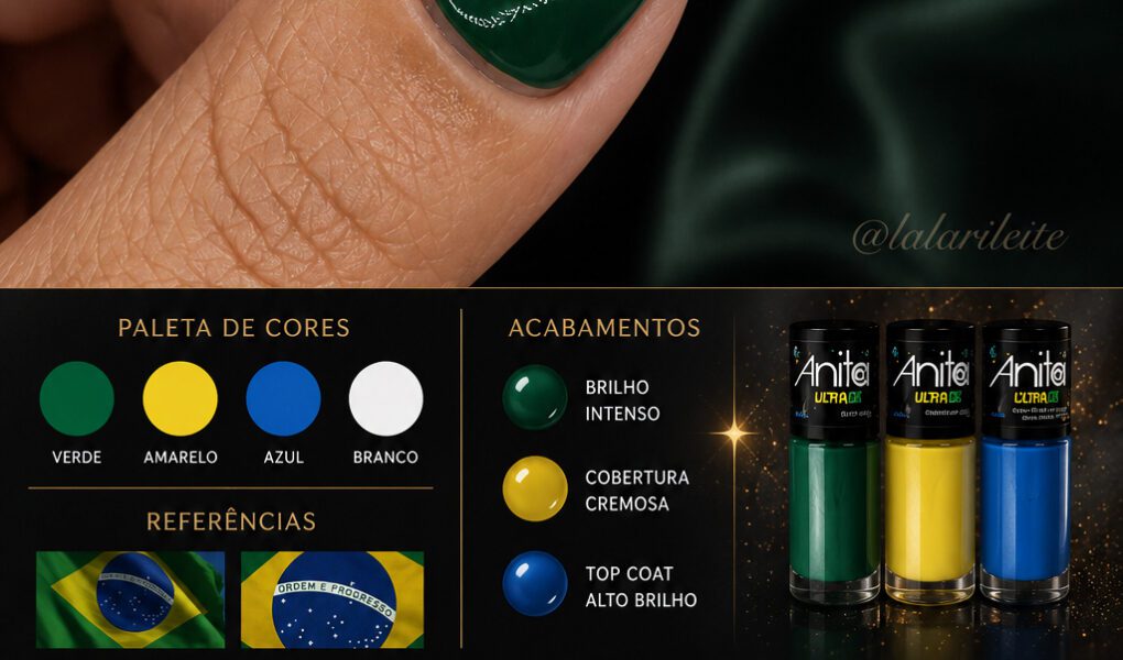 =Nail art inspirada na bandeira do Brasil com esmaltação verde intensa, losango amarelo e detalhes em azul e branco. Tutorial visual premium com acabamento brilhante e estética elegante.