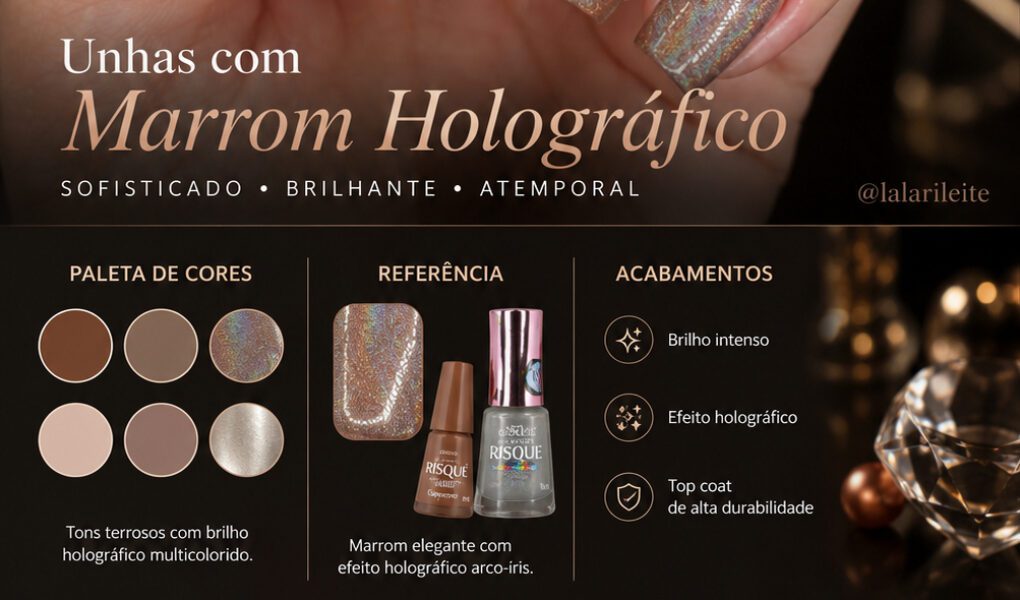 =Nail art sofisticada com esmaltação marrom holográfica de brilho intenso e efeito multicolorido elegante.