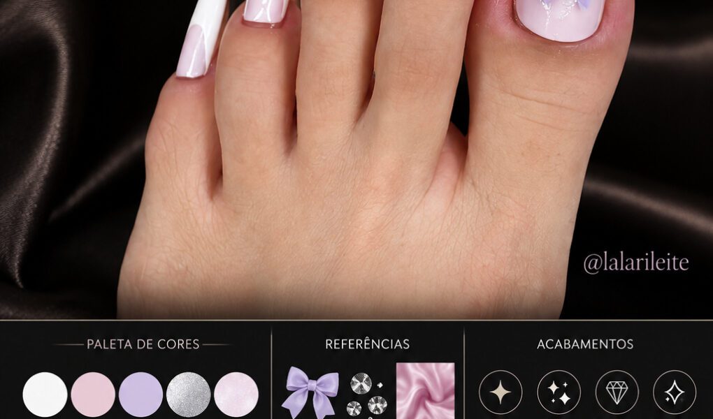 =Nail art delicada e sofisticada com francesinha branca, tons rosados suaves, pedrarias e laço 3D lilás, criando uma estética romântica e luxuosa.