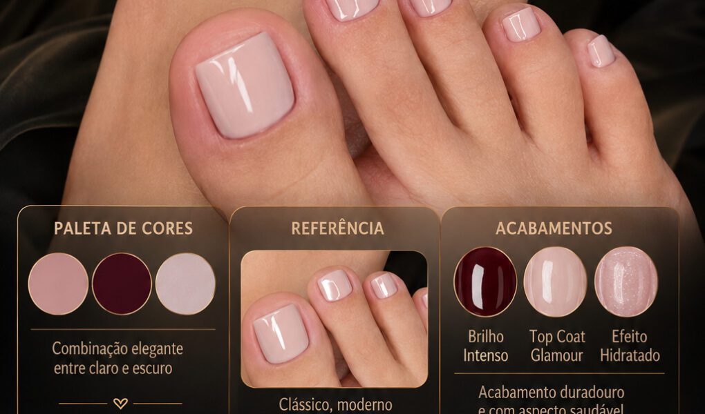 =Pedicure sofisticada combinando esmalte nude rosado e vinho intenso com acabamento ultra brilhante em uma composição elegante e moderna.