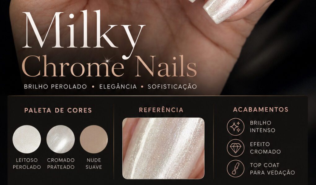 =Unhas milky chrome com acabamento perolado e efeito cromado sofisticado, trazendo brilho elegante e visual clean premium.