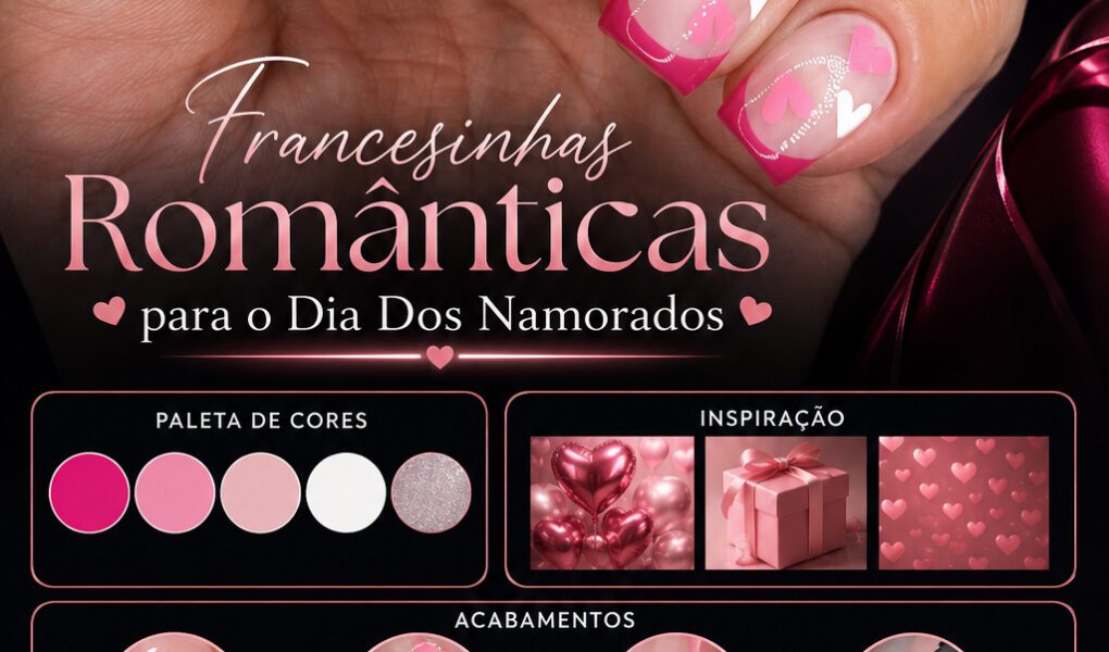 =Nail art romântica com francesinha pink vibrante, corações delicados e detalhes metalizados finos para um visual feminino, elegante e moderno.