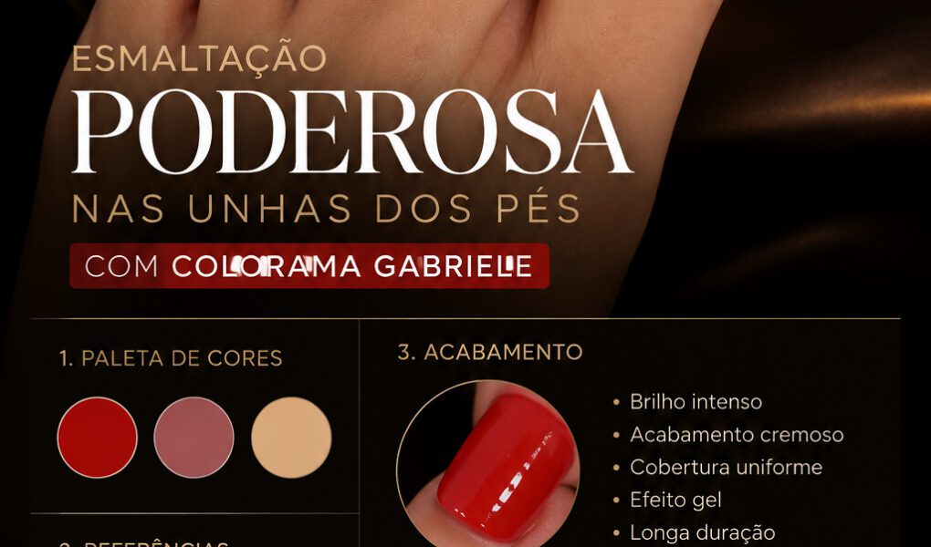 =Pedicure poderosa com esmaltação vermelha intensa usando Colorama Gabriele, acabamento ultra brilhante e visual sofisticado inspirado em campanhas beauty premium.