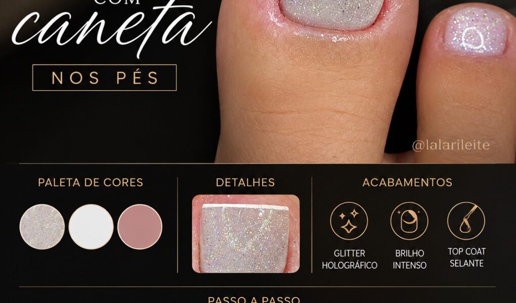 =Pedicure clean e sofisticada com esmaltação brilhante holográfica e francesinha feita com caneta nail art, trazendo acabamento elegante e delicado.