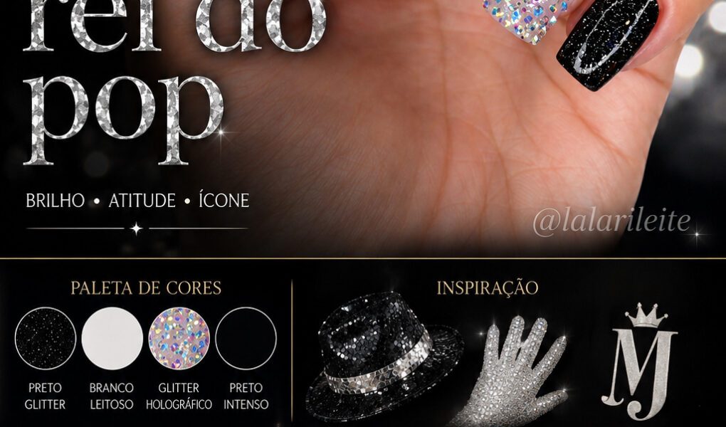 =Nail art glamourosa inspirada no universo do Rei do Pop, combinando preto glitter, pedrarias holográficas e monograma sofisticado em uma composição luxuosa e impactante.