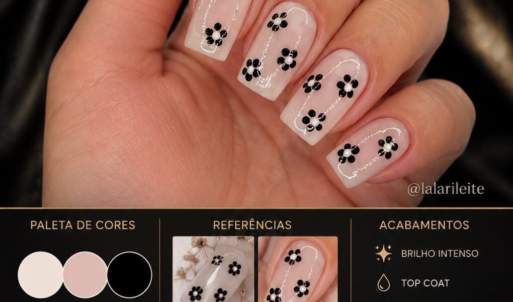 =Nail art delicada com flores minimalistas pretas sobre base branca leitosa, trazendo um visual elegante, moderno e feminino.