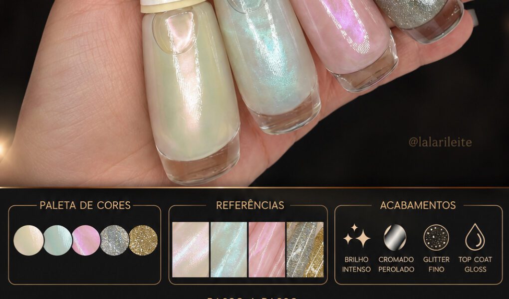 =Moodboard premium com esmaltes de efeito cromado, perolado e glitter da Impala, trazendo acabamento sofisticado, brilho intenso e estética clean lux.